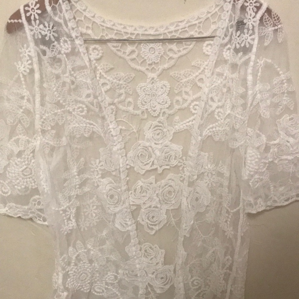 White embroidered lace detail open cardigan - Picture 4 of 8